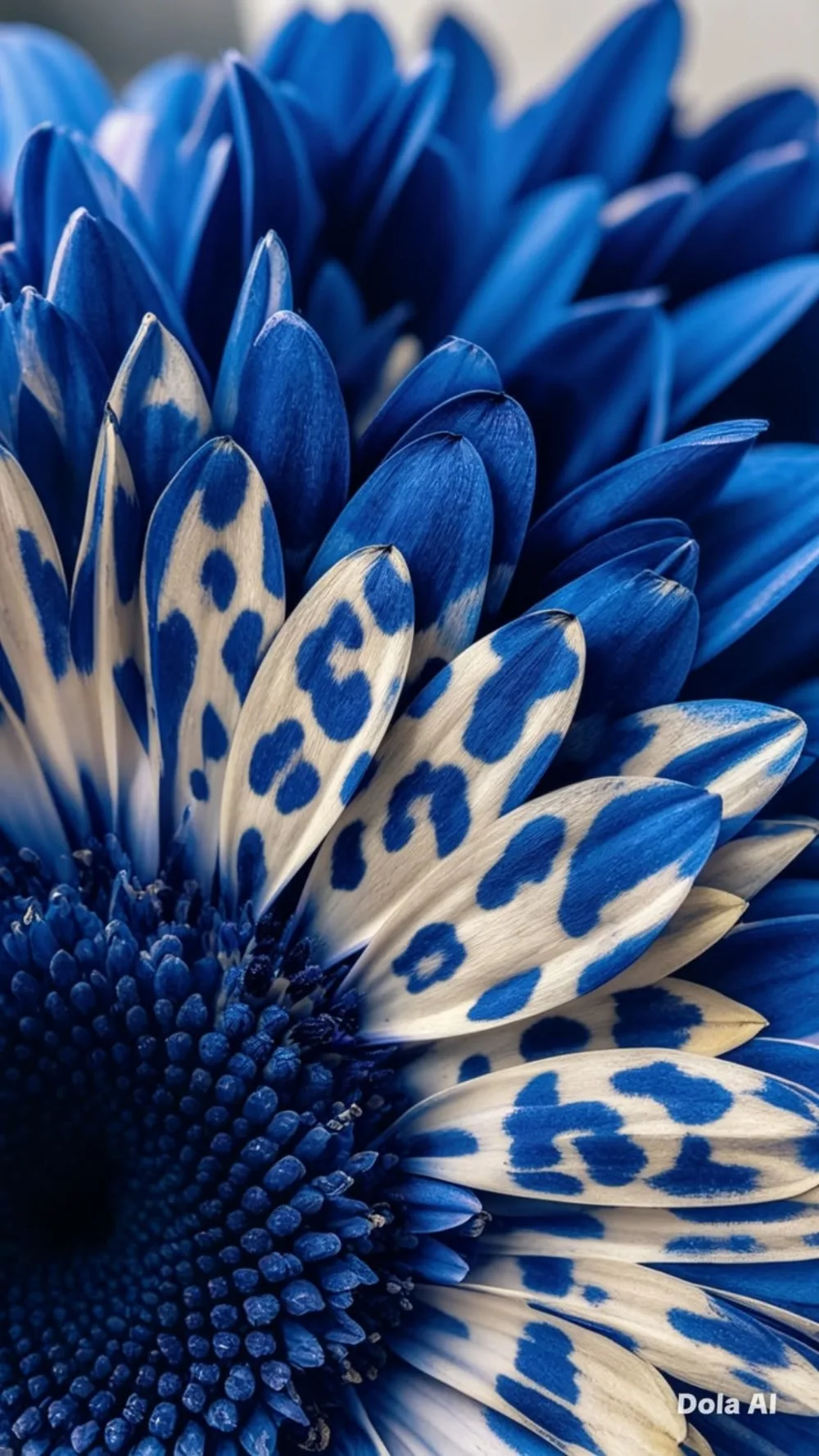 Macro photograph of a blue and white spotted gerbera daisy