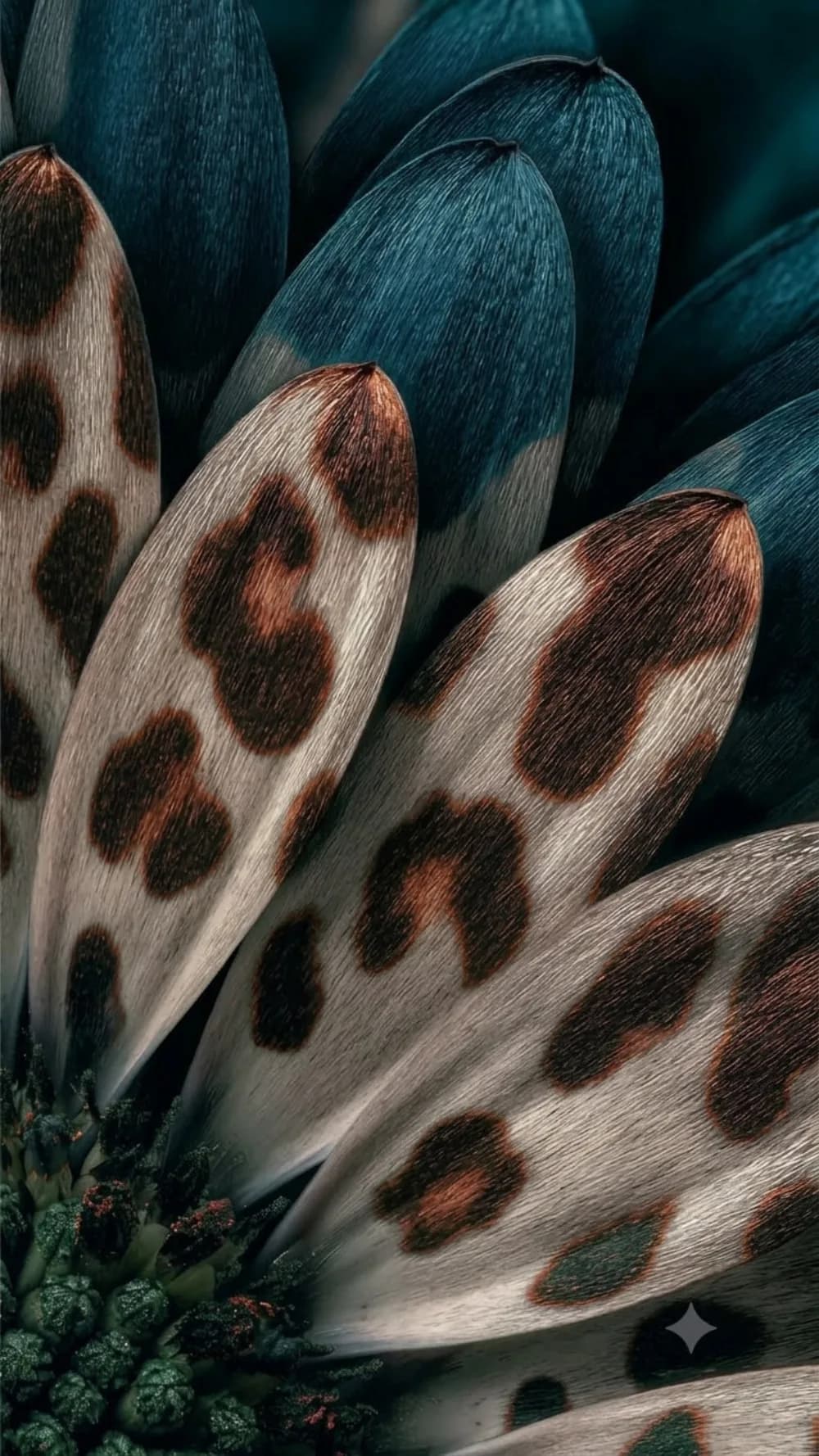 Macro photograph of teal and leopard-spotted daisy petals