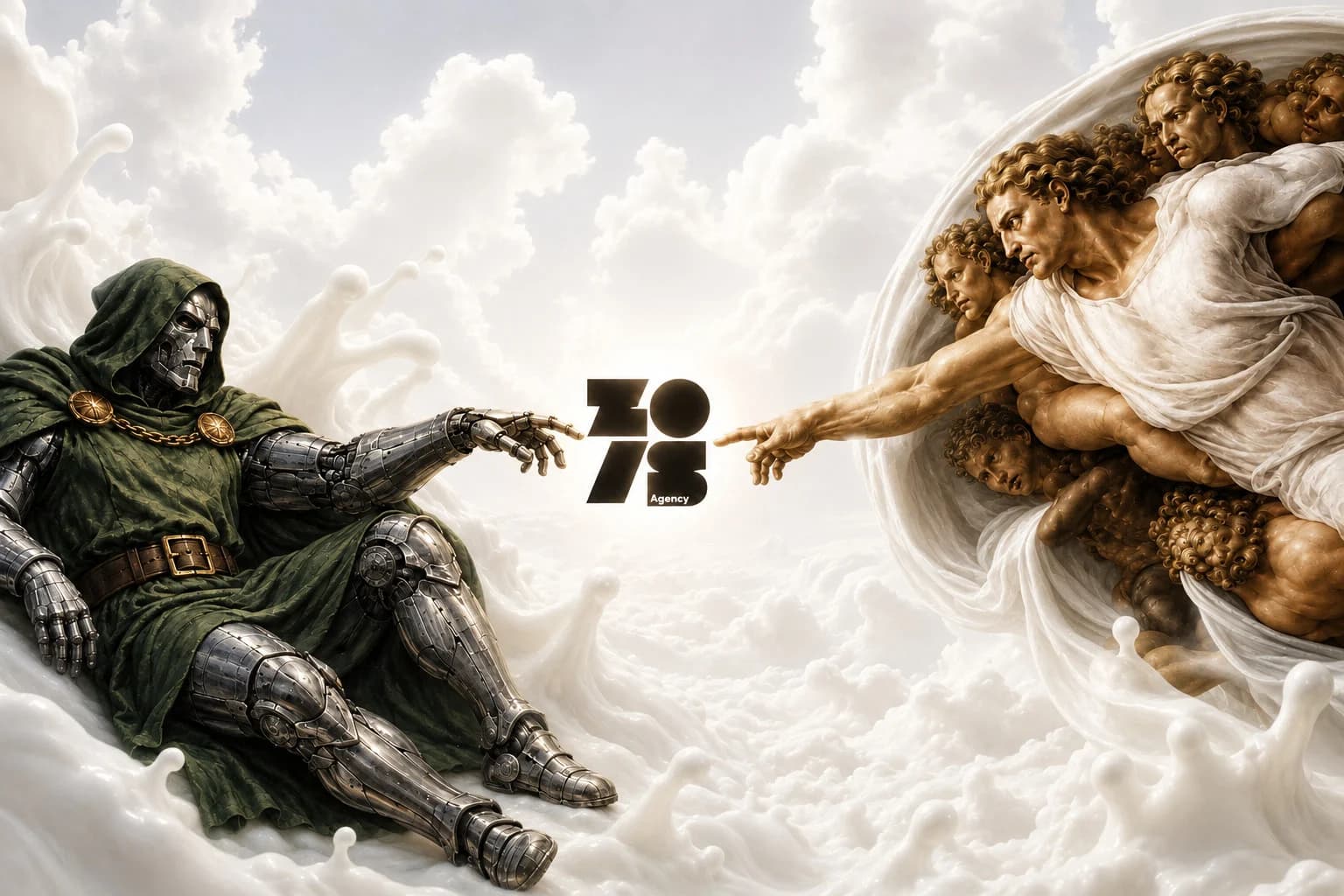 Two hands reaching toward the ZeroSlash mark, echoing Michelangelo's Creation of Adam