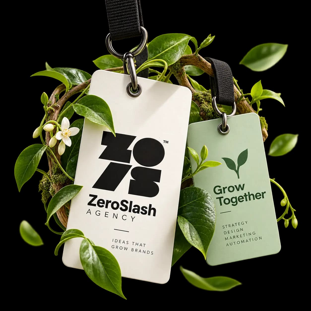 ZeroSlash Agency and Grow Together badges surrounded by greenery